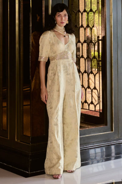 Ivory embroidered jacquard jumpsuit