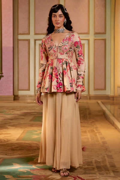 Chicory floral embroidered peplum palazzo set
