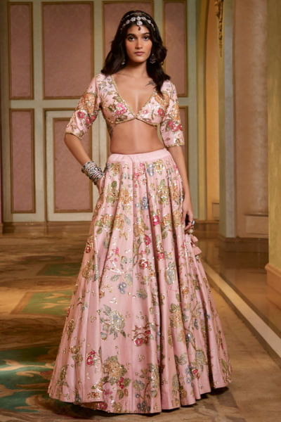 Misty rose aari embroidered lehenga set