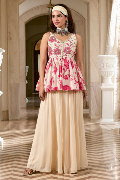 Ivory and pink floral peplum and palazzo set