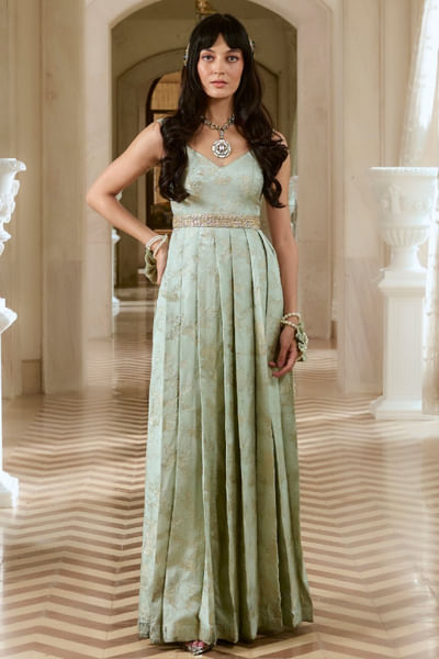Mint green embroidered belted maxi dress