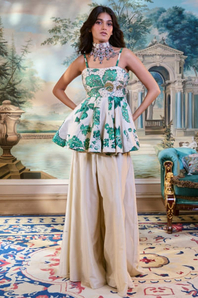 Ivory and green embroidered palazzo set