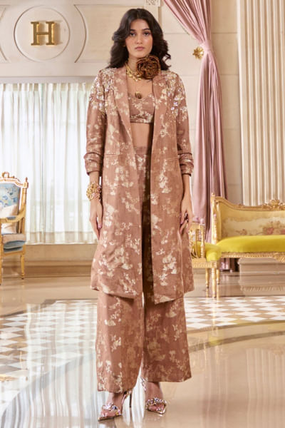 Mocha brown embroidered jacket set