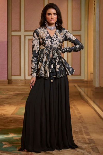 Blue embroidered peplum palazzo set
