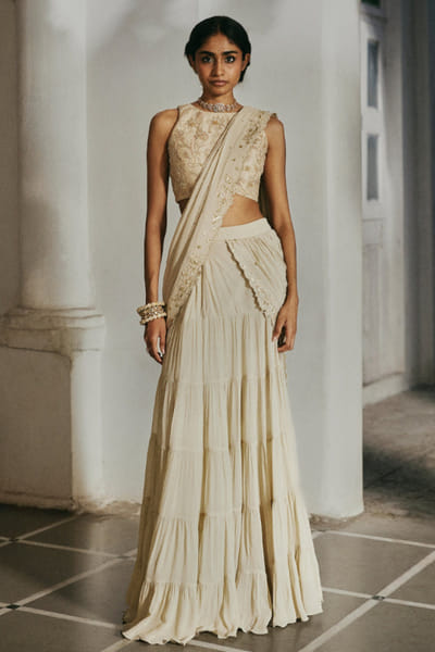Ivory pre-draped georgette sari set