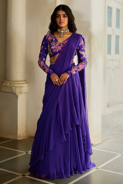 Paulmi & Harsh Purple chiffon pre-draped sari set PAUJAN26D137439