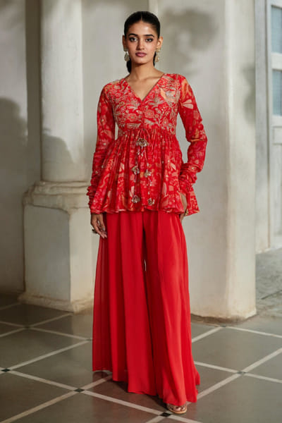 Sunset red embroidered peplum and palazzo