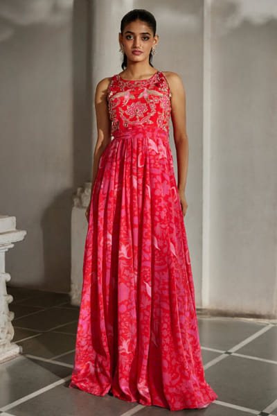 Red and pink embroidered jumpsuit