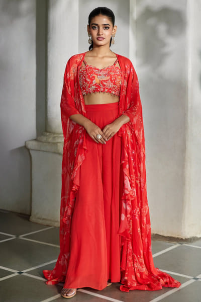 Sunset red printed jacket set