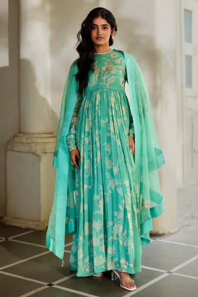 Tiffany blue floral printed anarkali set