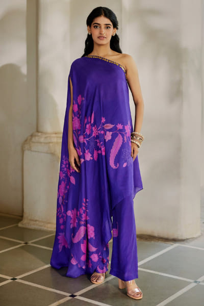 Purple one-shoulder cape dress and pants