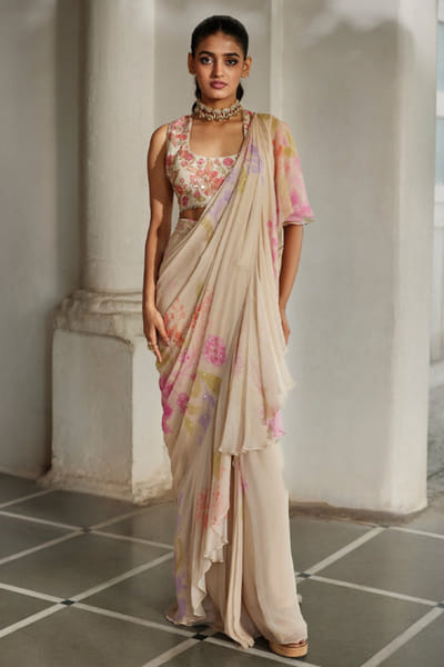 Ivory floral printed pre-draped sari set