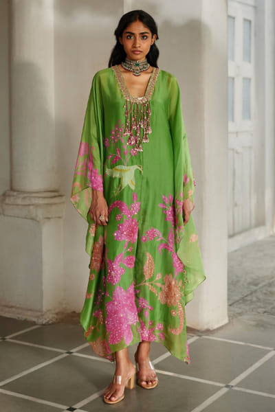 Green printed kaftan and inner
