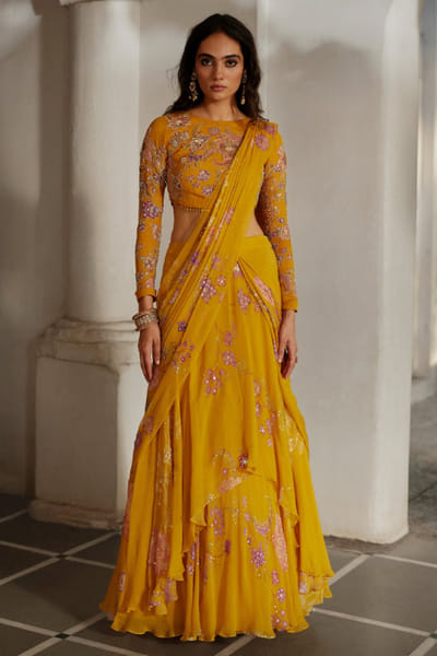 Golden honey floral print pre-draped sari set