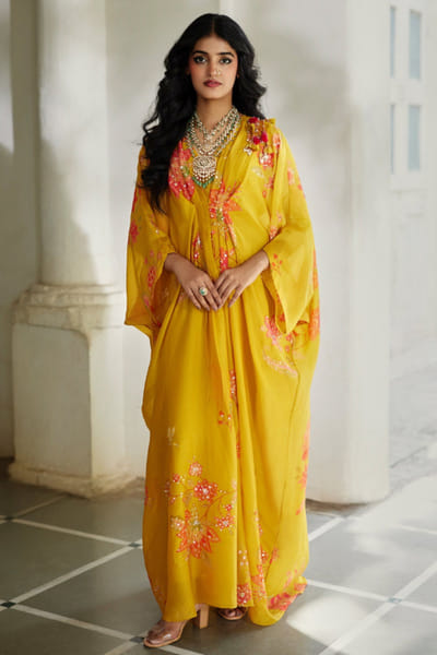 Golden honey printed kaftan and inner