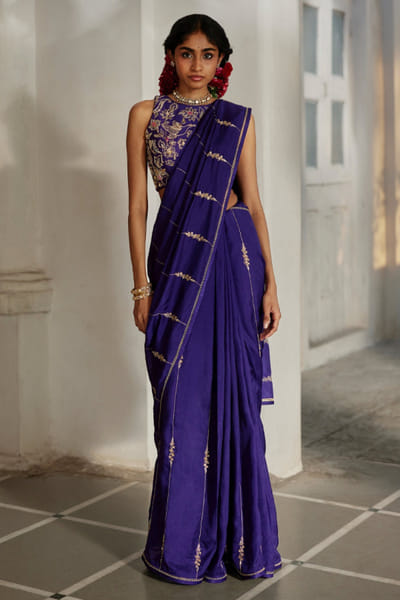Purple pre-draped silk sari set