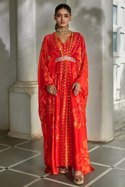 Sunset red printed kaftan and inner