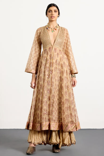 Ri Ritu Kumar Pink embroidered hand block print anarkali set RIRIMAY26D145564