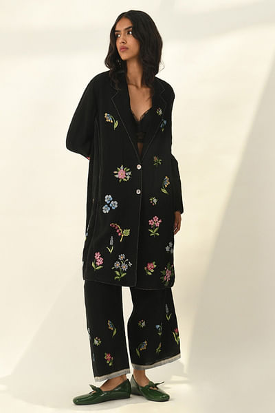 Black floral embroidered elasticated pants