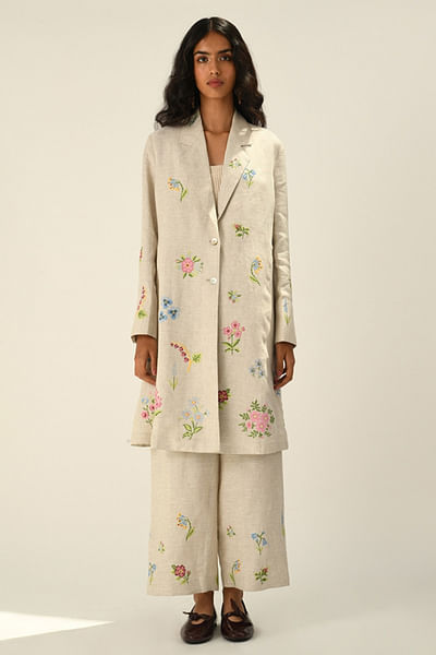 Beige floral embroidered elasticated pants