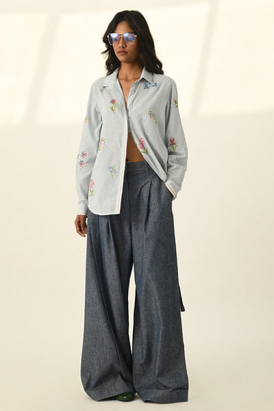 Blue pleated and belted wide-leg denims