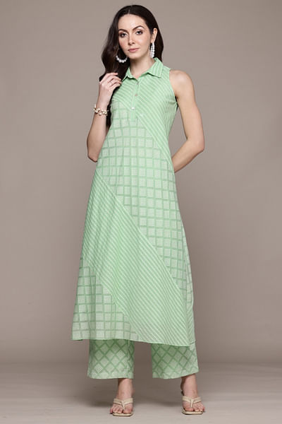 Green jacquard kurta set