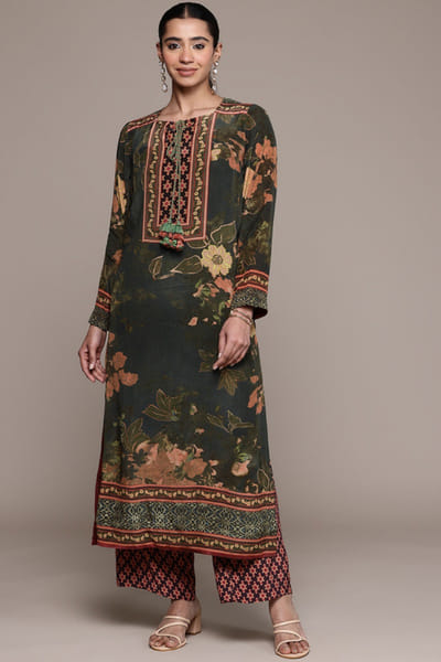 Black floral printed kurta and palazzo set