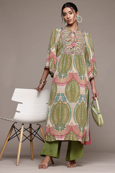 Green printed kurta set