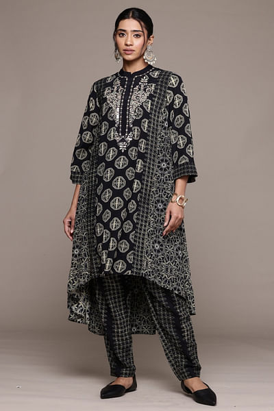 Black geometric printed kurta set