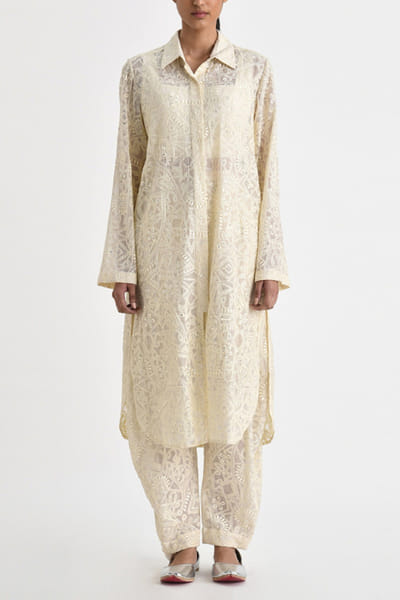 Ecru geometric and floral embroidered pant