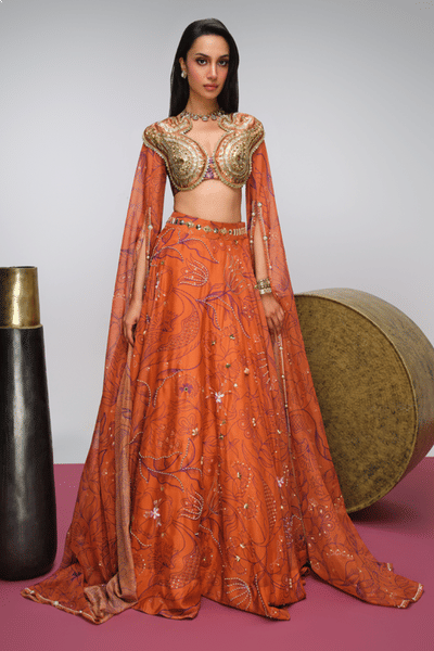 Papa Don't Preach Brick orange printed embroidered lehenga set PAPAAUG26D152434