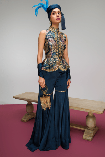 Papa Don't Preach Blue paisley print embellished sharara set PAPAAUG26D152433