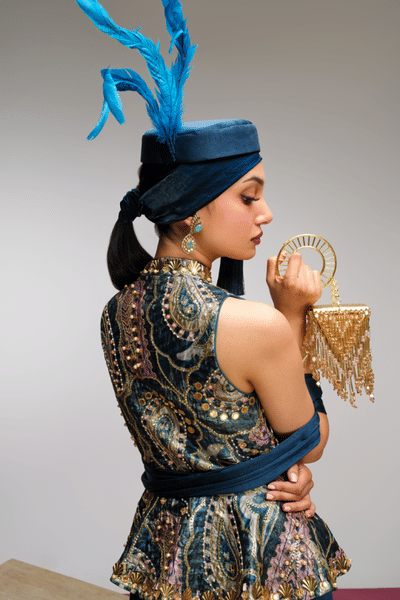 Papa Don't Preach Blue paisley print embellished sharara set PAPAAUG26D152433