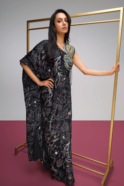 Papa Don't Preach Black printed embroidered off-shoulder kaftan PAPAAUG26D152435