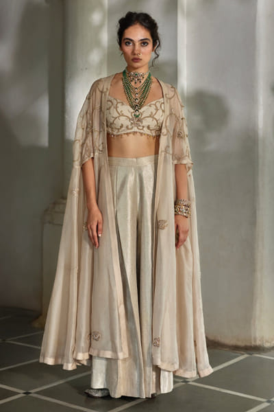 Oatmeal embroidered blouse and cape set