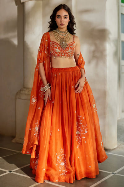 Rust orange zardozi embroidered lehenga set