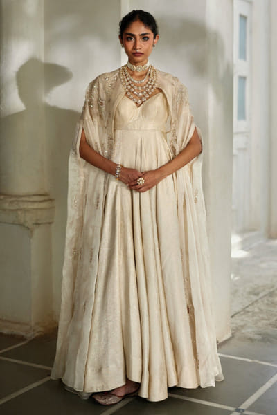 Ivory jamawar anarkali cape set