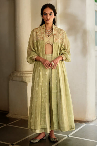 Pista green embroidered jacket set