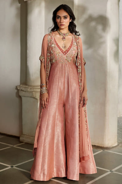 Carnelian jamawar jumpsuit and net cape