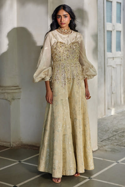 Pista green sleeveless jacquard jumpsuit