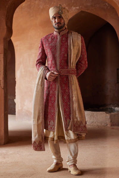 Red bead embellished sherwani set