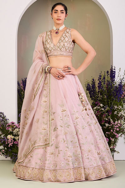 Pastel pink zardozi embroidered lehenga set