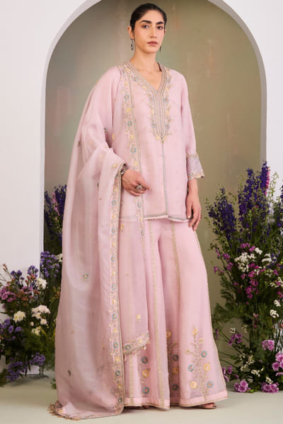Pastel pink zari embroidered sharara set
