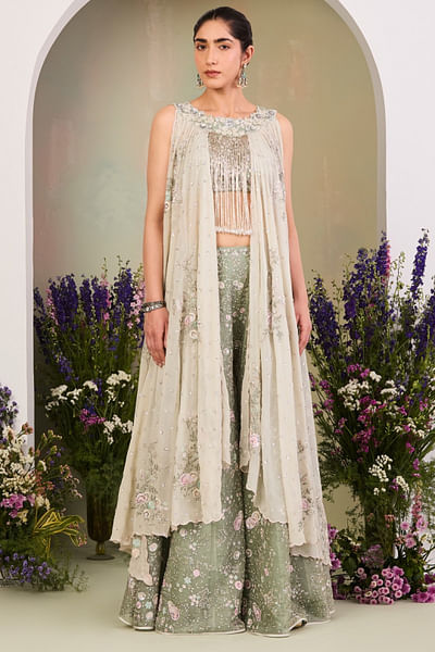 Sage green bead embroidered cape set