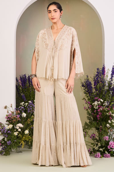 White beige sequin embroidered gharara set