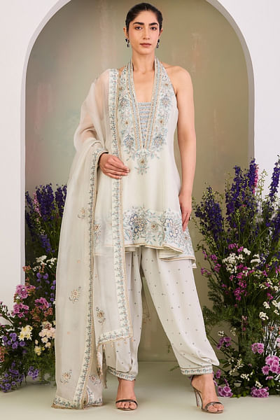 Greenish white embroidered short anarkali set