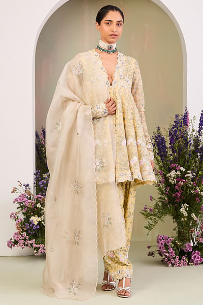 Pastel yellow embroidered kurta set