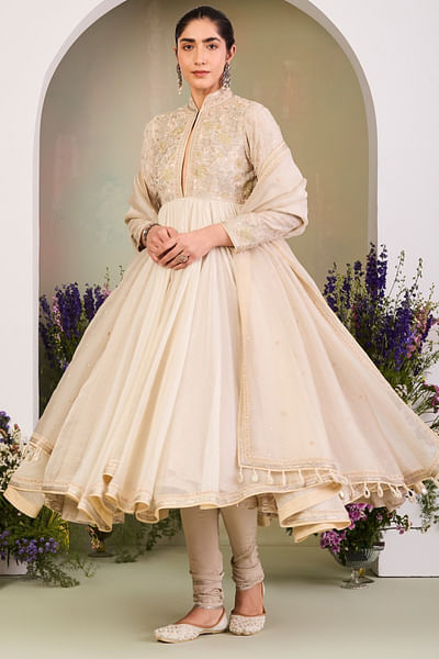 White beige zari embroidered anarkali set