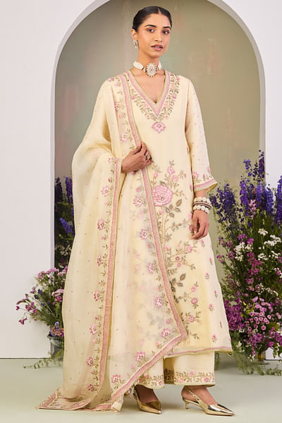 Light yellow embroidered kurta set