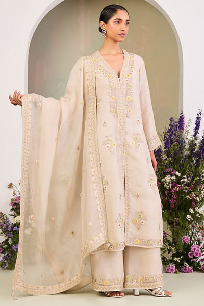 White beige embroidered kurta set
